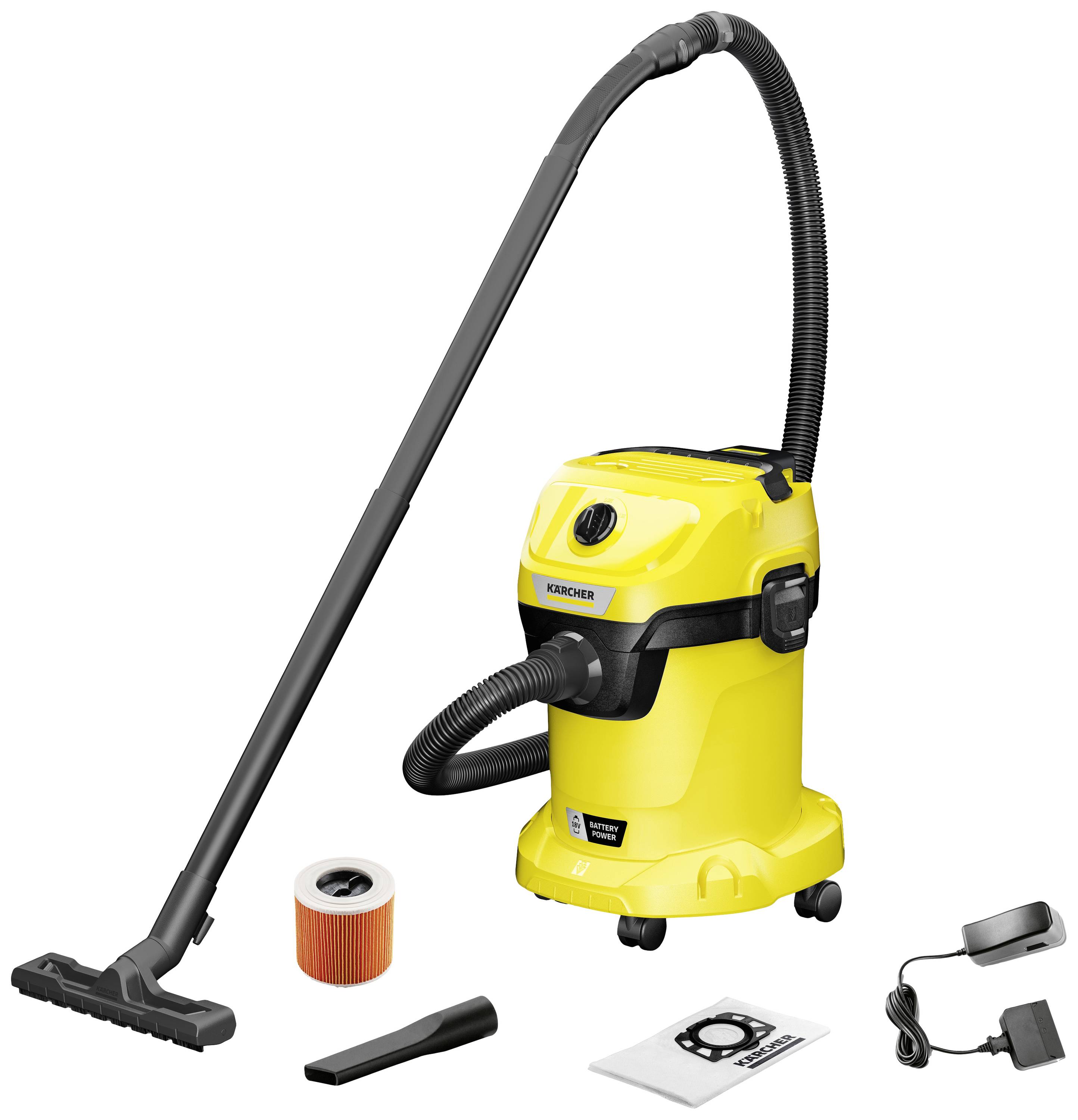 A yellow wet and dry vacuum cleaner with a long, black suction tube. Accessories: filter, nozzle, dust bag and charger.