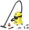A yellow wet and dry vacuum cleaner with a long, black suction tube. Accessories: filter, nozzle, dust bag and charger.