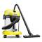 A yellow and silver wet and dry vacuum cleaner with a black hose and floor nozzle, standing on small wheels.