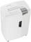 A white paper shredder with a brand logo on the front. A slot for inserting paper is located at the top, along with control buttons featuring symbols.