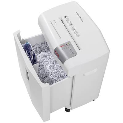 A white paper shredder with an open collection bin, filled with shredded paper. Control panel with buttons and indicator lights visible.