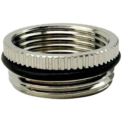 A silver metal adapter with a ridged edge and a black rubber ring. Used for connections in plumbing systems.