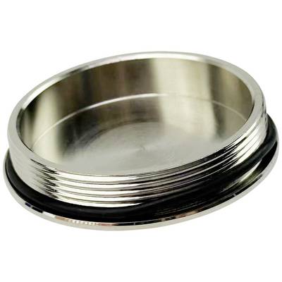 Metal lid with a threaded edge and black sealing ring, likely used for sealing containers or pipes.