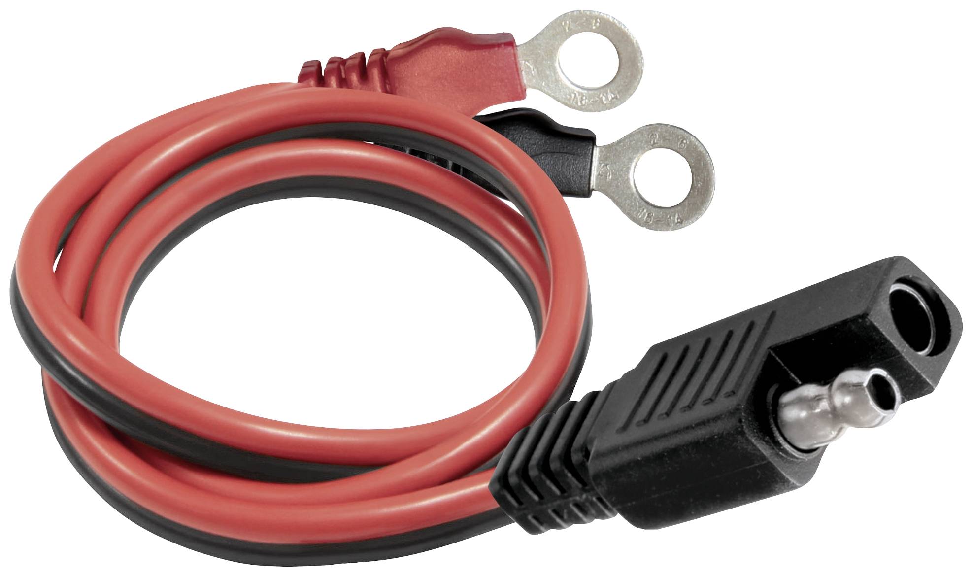 Red and black battery cable with ring terminals at one end and a black plug at the other end, for connecting to electronic devices.
