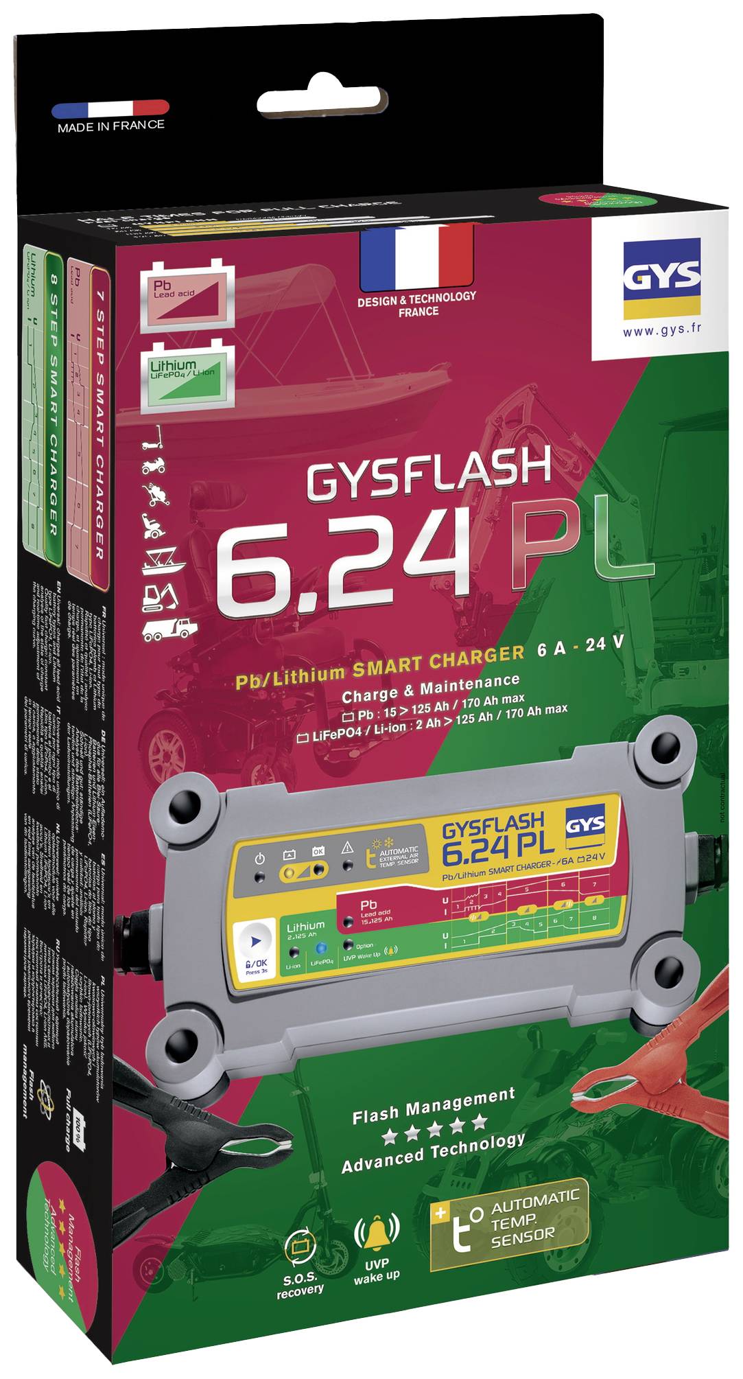 Packaging for the Gysflash 6.24 PL charger, showing the device and highlighting intelligent charging functions for 6-24V batteries.