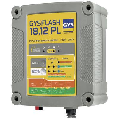 A smart charger called 'GYSFLASH 18.12 PL', suitable for 12V batteries, displays various charging modes and battery types.