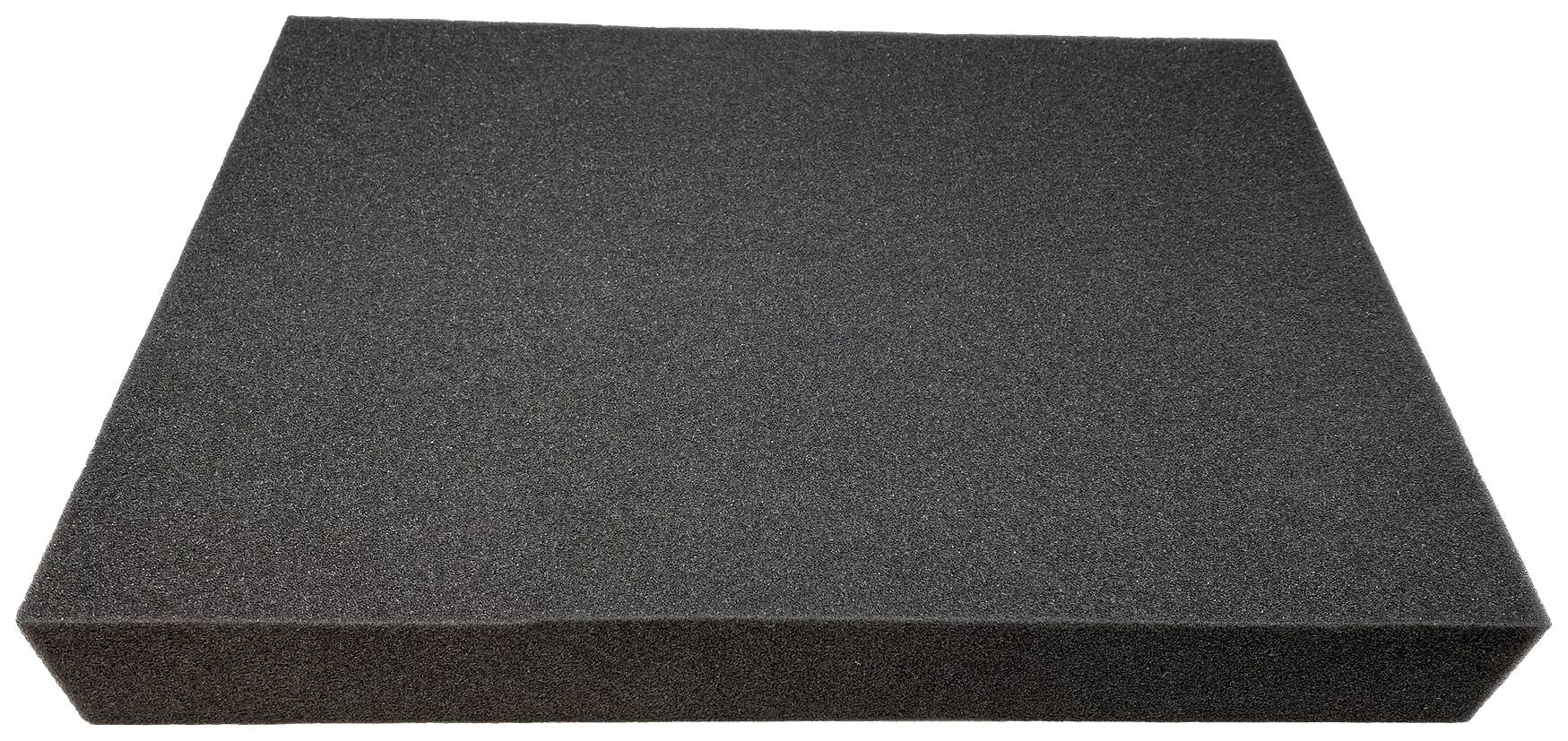 A black foam cushion in a rectangular shape.