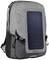 Grey rucksack with an integrated solar panel on the front. Side pockets and buckles for adjusting the size.