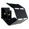 Portable solar panel with two USB chargers, displaying a full charging indicator for a smartphone and a tablet.