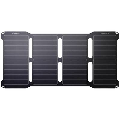 A rectangular, portable solar panel with dark solar cells, suitable for charging devices while travelling.