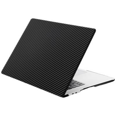 Laptop with a black carbon fibre pattern on the lid, closed.