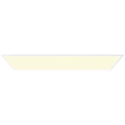 Rectangular white LED ceiling light glows with warm, yellow light. Ideal for office or living spaces.