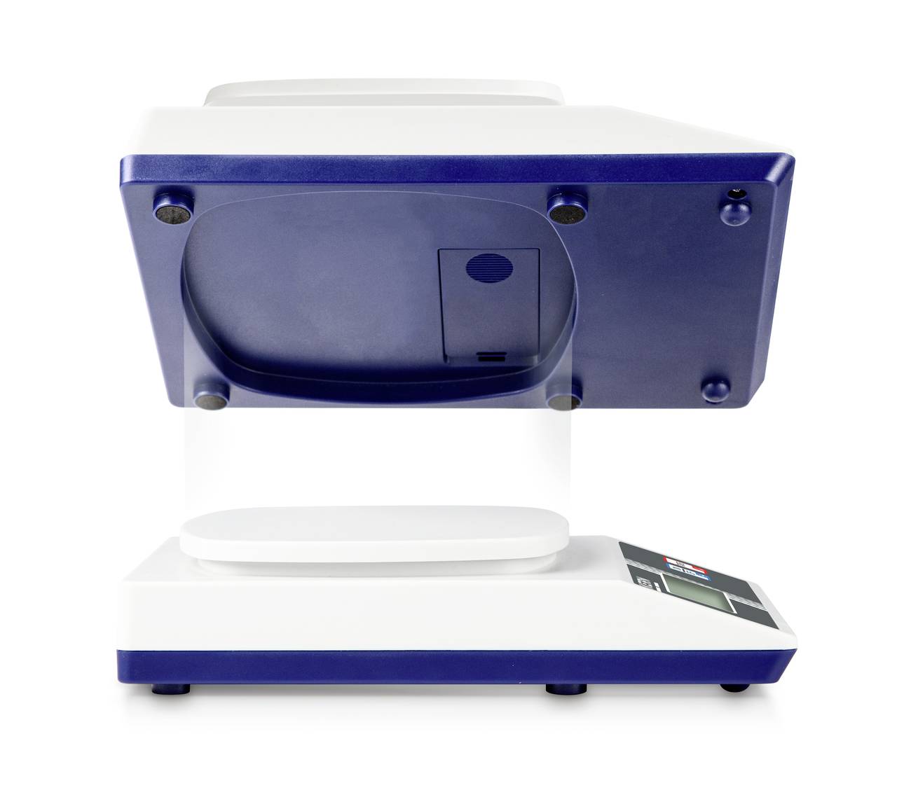 A laboratory device with blue and white colouration, possibly a moisture analyser, is standing on a white surface.