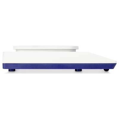White electronic scales with a blue base, side view.