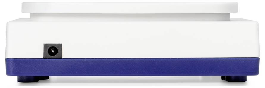 A white and blue electronic device with a port on the back, possibly for power supply.