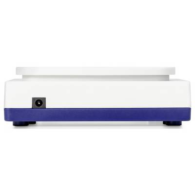 A white and blue electronic device with a port on the back, possibly for power supply.