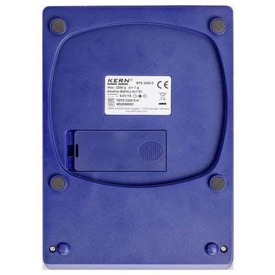 Back of a blue weighing scale, showing the battery compartment and a label with model information and technical specifications.