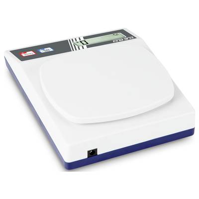 Electronic scales with a digital display, neutrally designed in white and dark blue, suitable for precise weight measurements.