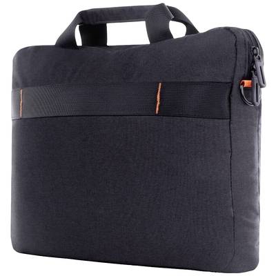 Black laptop bag with handle and zip, made from durable fabric, suitable for transporting and protecting electronic devices.