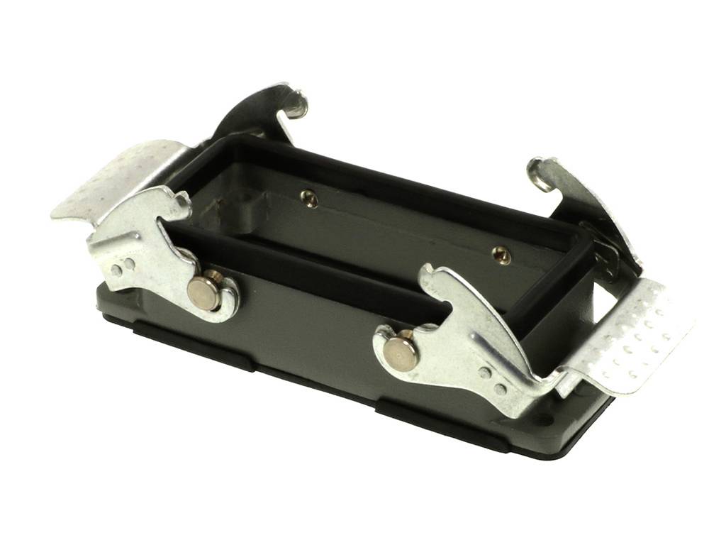 Metallic closure mechanism with two levers, mounted on a rectangular housing. Used for the secure closing of electrical connectors.
