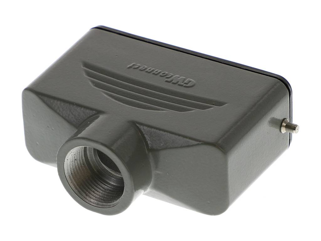 The image depicts a rectangular, dark grey metal enclosure with an angled connection, likely an electrical component.