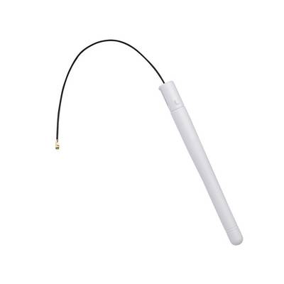 White antenna with black cable and small plug at the end.