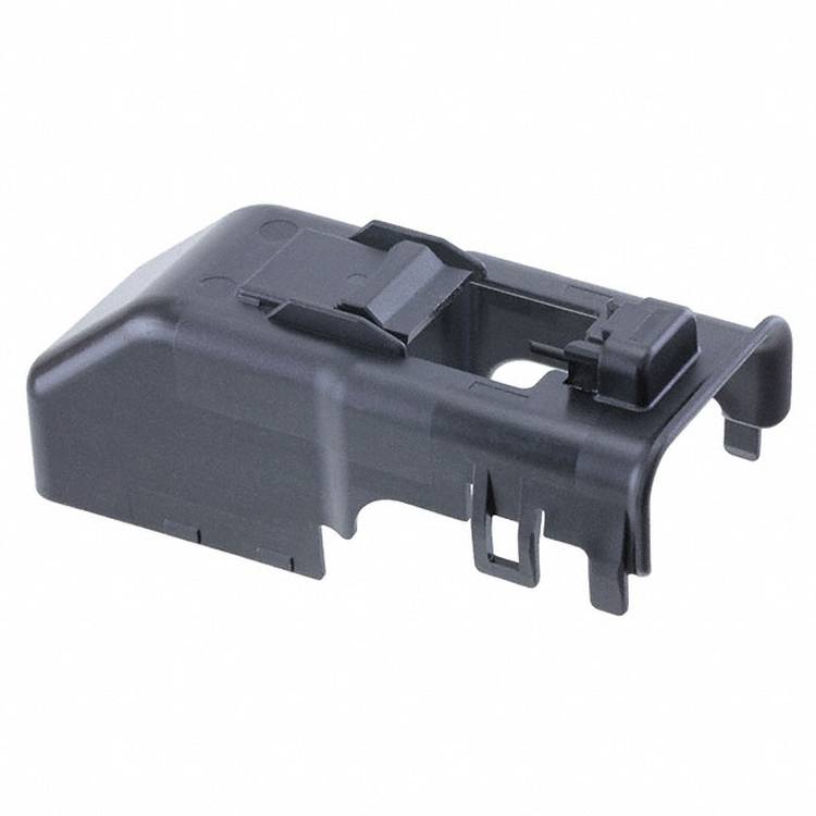 A black plastic bracket with a rectangular shape, featuring slots and reinforced edges, designed to mount or support electronic equipment.