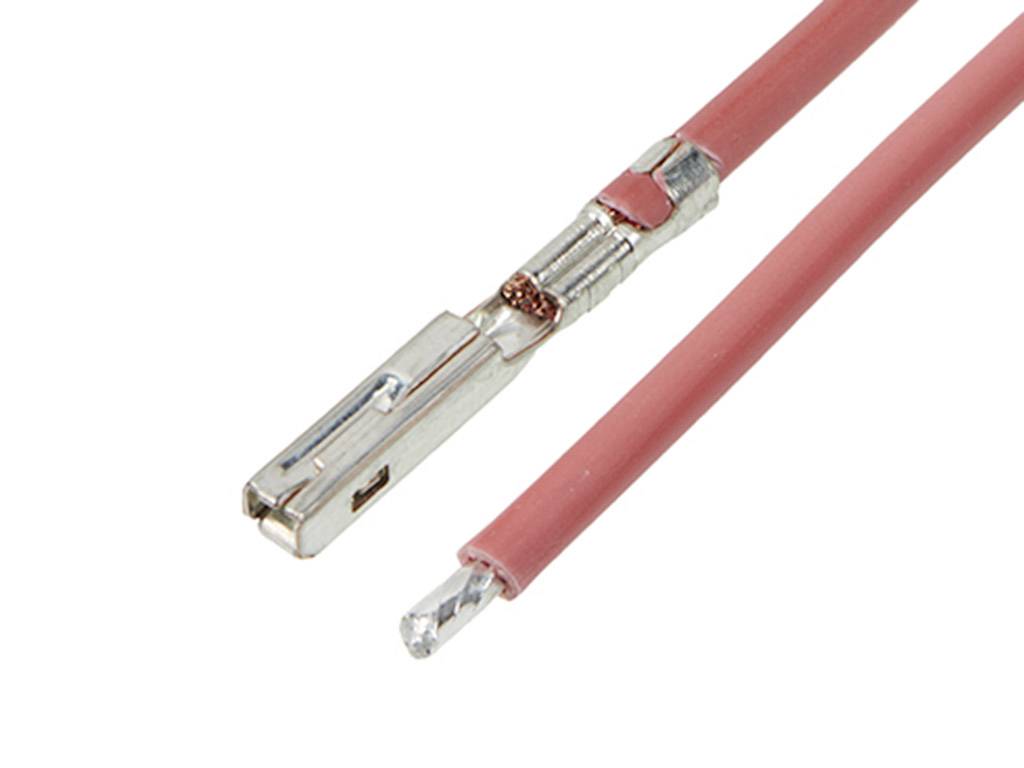 A red, isolated electrical cable with a metal plug on a white background. The plug is visible at one end of the cable.