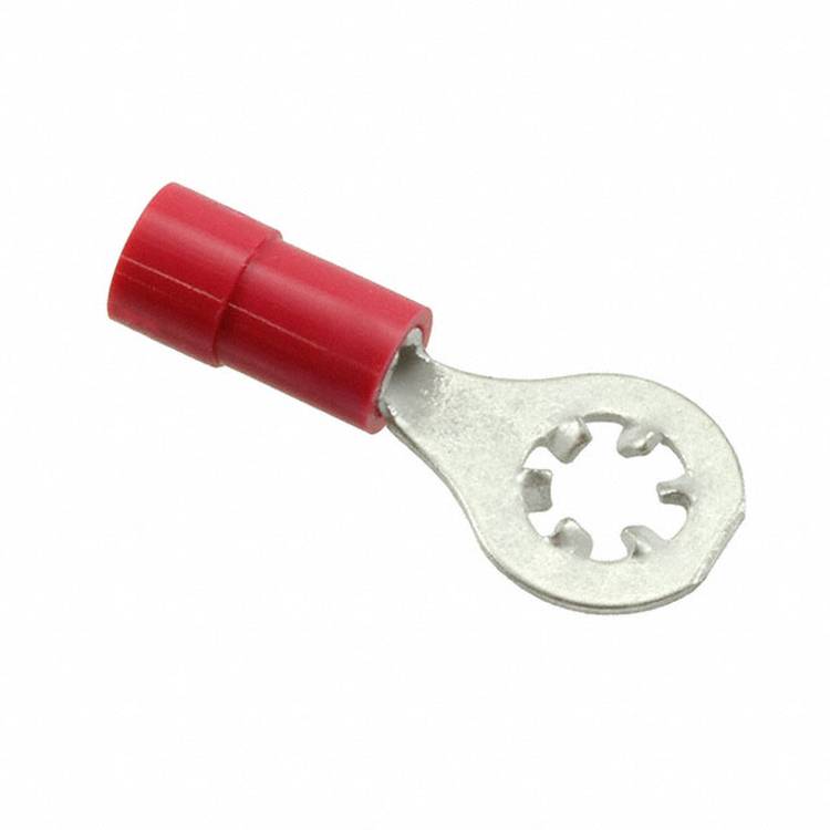 A red insulated ring terminal, used for securing wire connections in electrical applications, is shown against a white background.