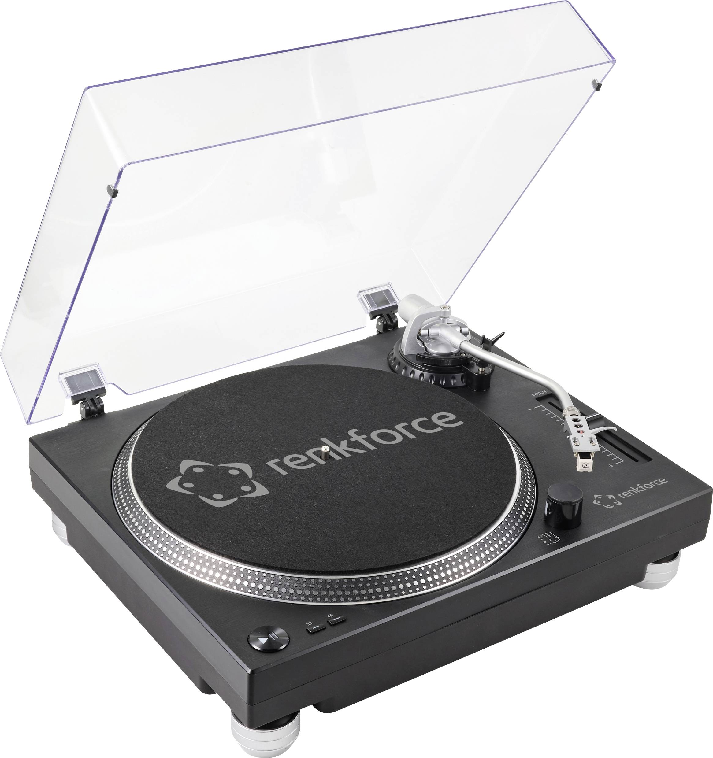 A black Renkforce record player with a transparent lid and tonearm on the right.