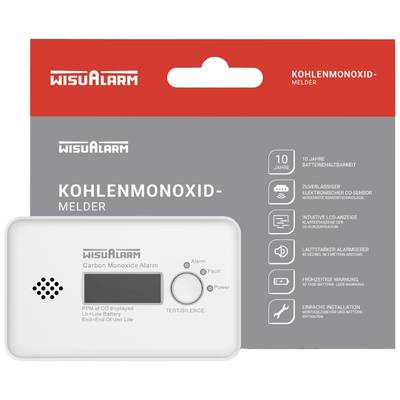 Carbon monoxide detector in a white package with red and grey elements. Functions: acoustic alarm, battery life 10 years.