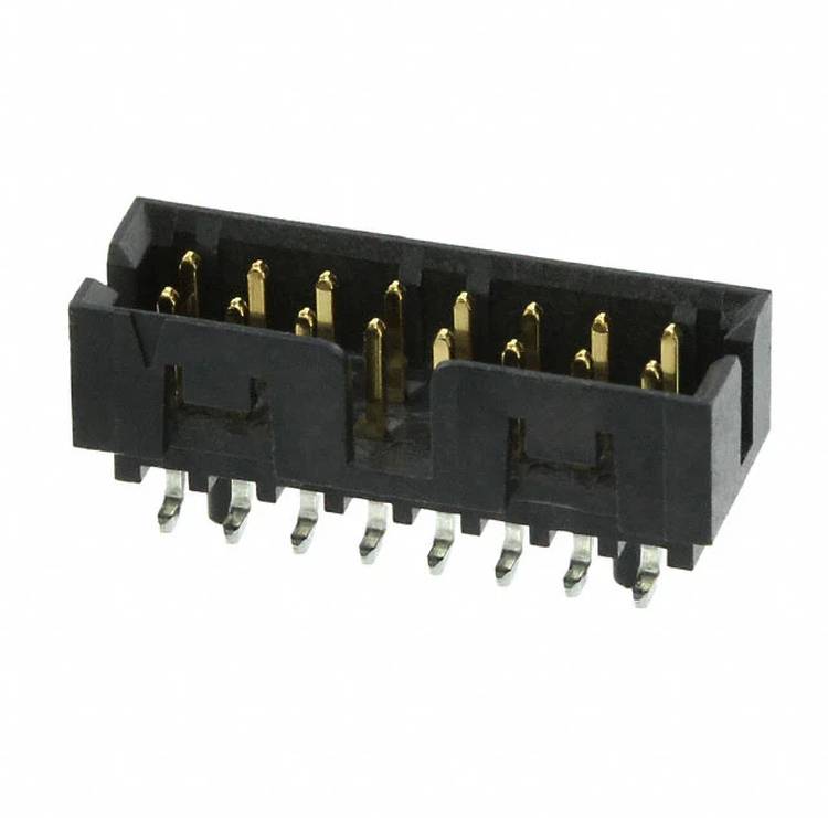 A black rectangular header connector with 16 gold pins arranged in two rows. It is designed for mounting on electronic circuit boards.