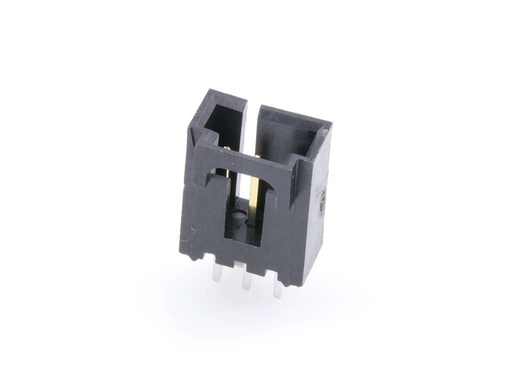 Black plastic connector with three metal pins, suitable for connecting electrical components on a circuit board.