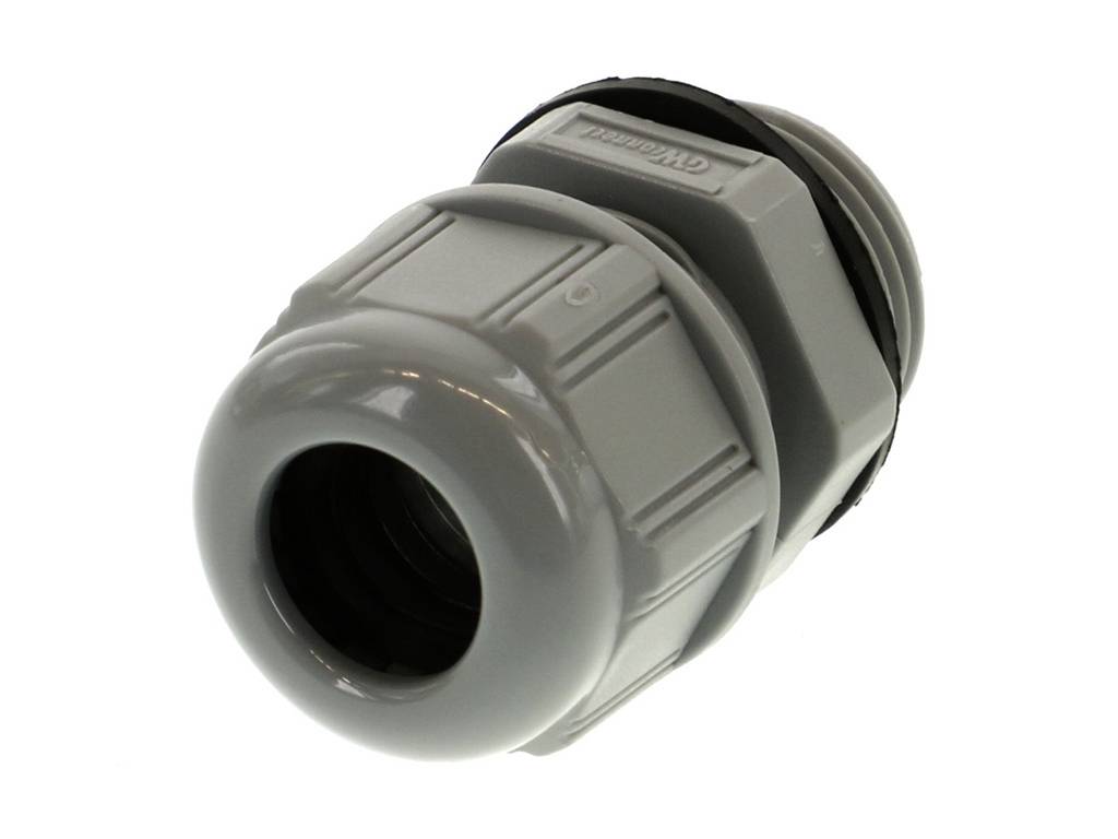 Grey plastic cable gland, cylindrical in shape, for cable management and sealing in electrical installations.