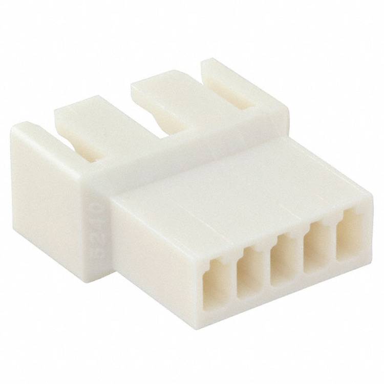 A white connector plug with six square holes for pins, typically used in electrical assemblies for connecting power supplies.