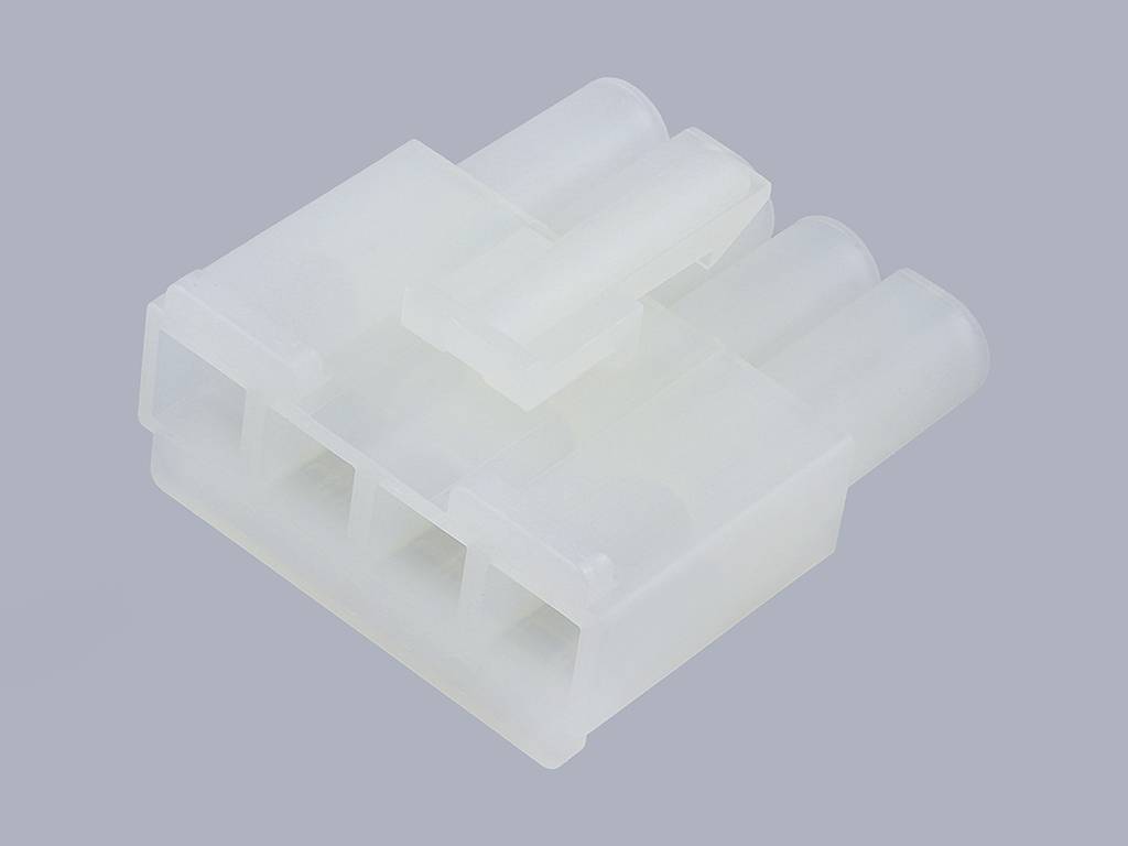 'A white, opaque plastic plug with three cylindrical sockets and a rectangular housing on a grey background.'
