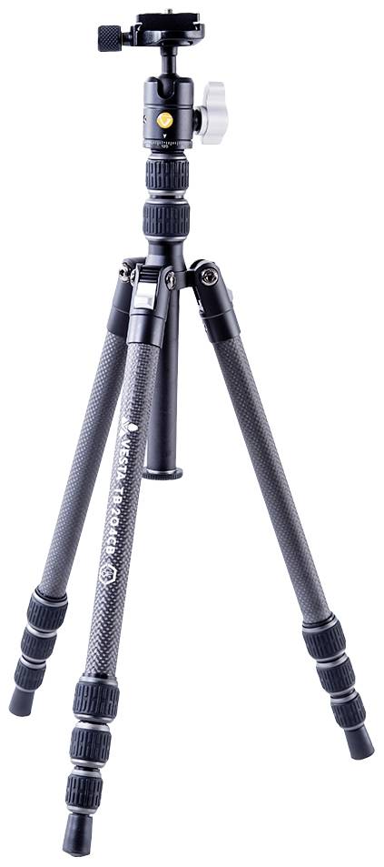 A black, three-legged metal tripod with adjustable legs and a ball head for mounting a camera.