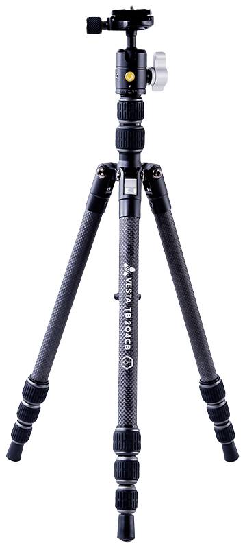 'Vesta Pro 4-Section Carbon Fibre Tripod' with ball head, adjustable-length legs and non-slip rubber feet for stable photography.