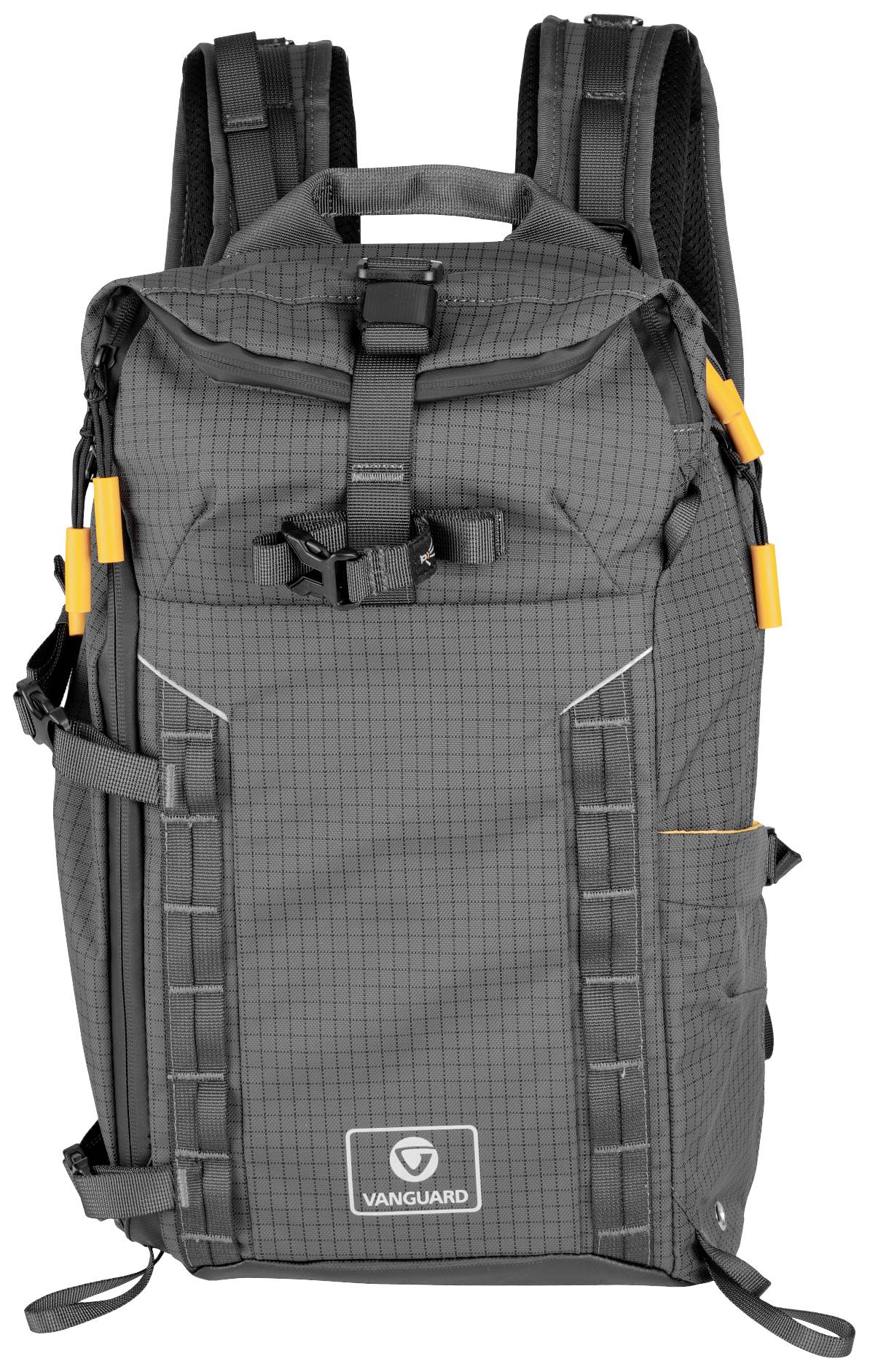 A grey rucksack with yellow accents and multiple straps. The print displays 'Vanguard'. Suitable for outdoor activities.