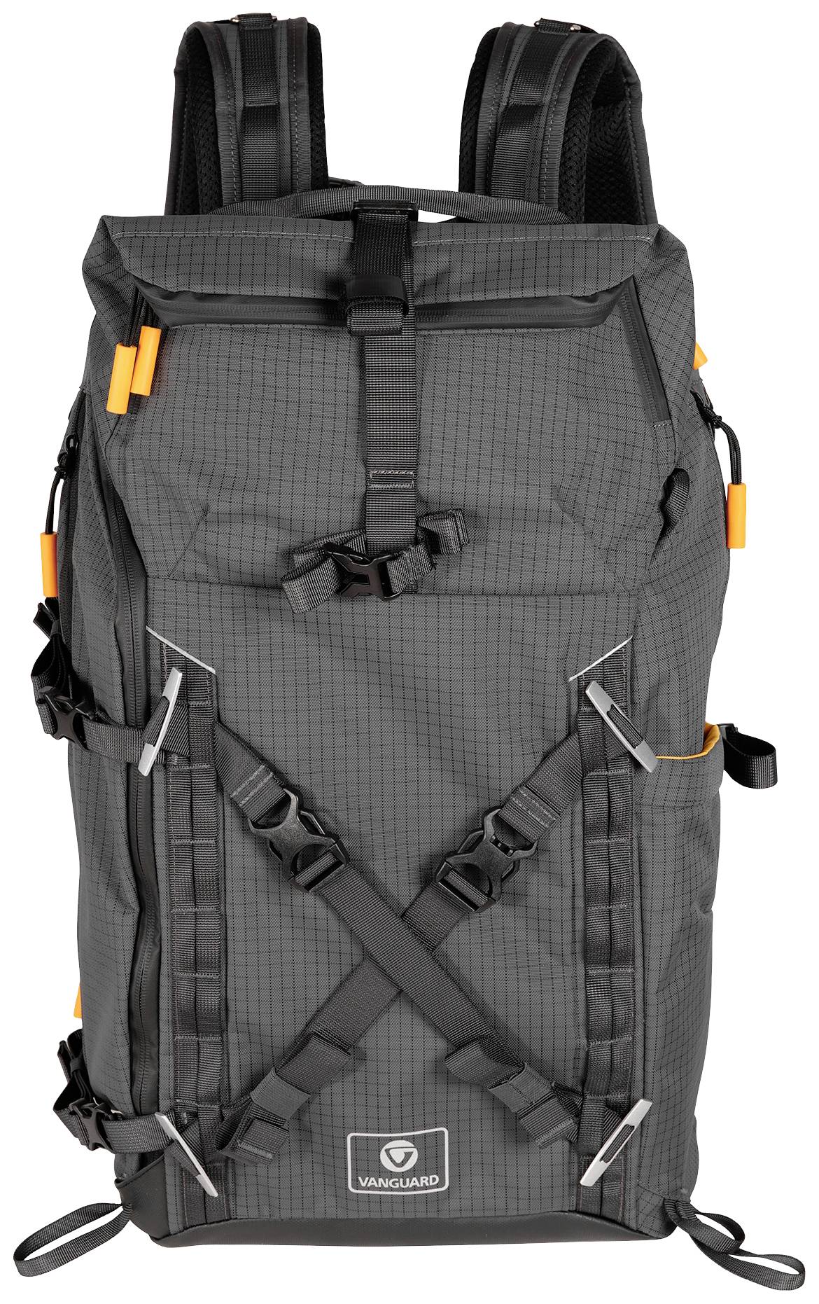 Grey hiking backpack with multiple straps and buckles, black mesh pattern and orange details, on a white background.