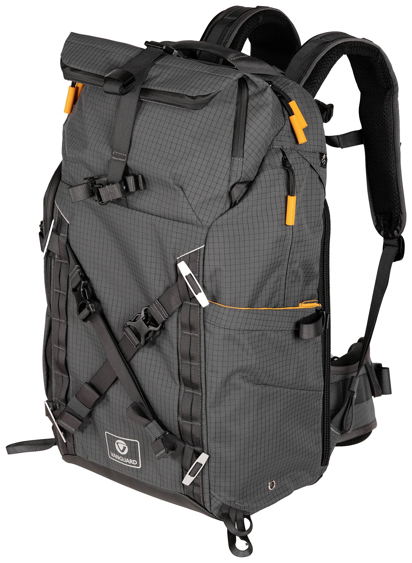 A grey hiking rucksack with black and orange details, multiple compartments, drawstrings, and carrying straps.