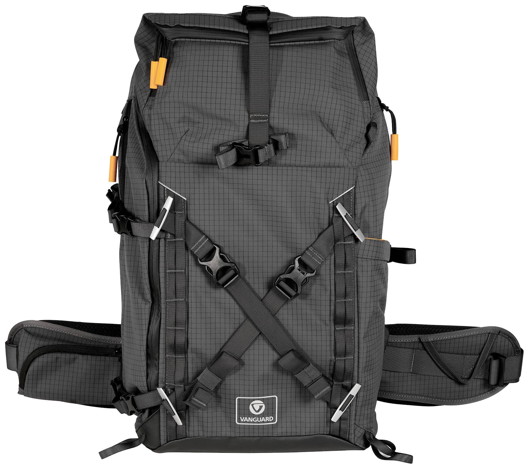 A black-grey rucksack with multiple buckles and pockets, ideal for travelling or outdoor activities.