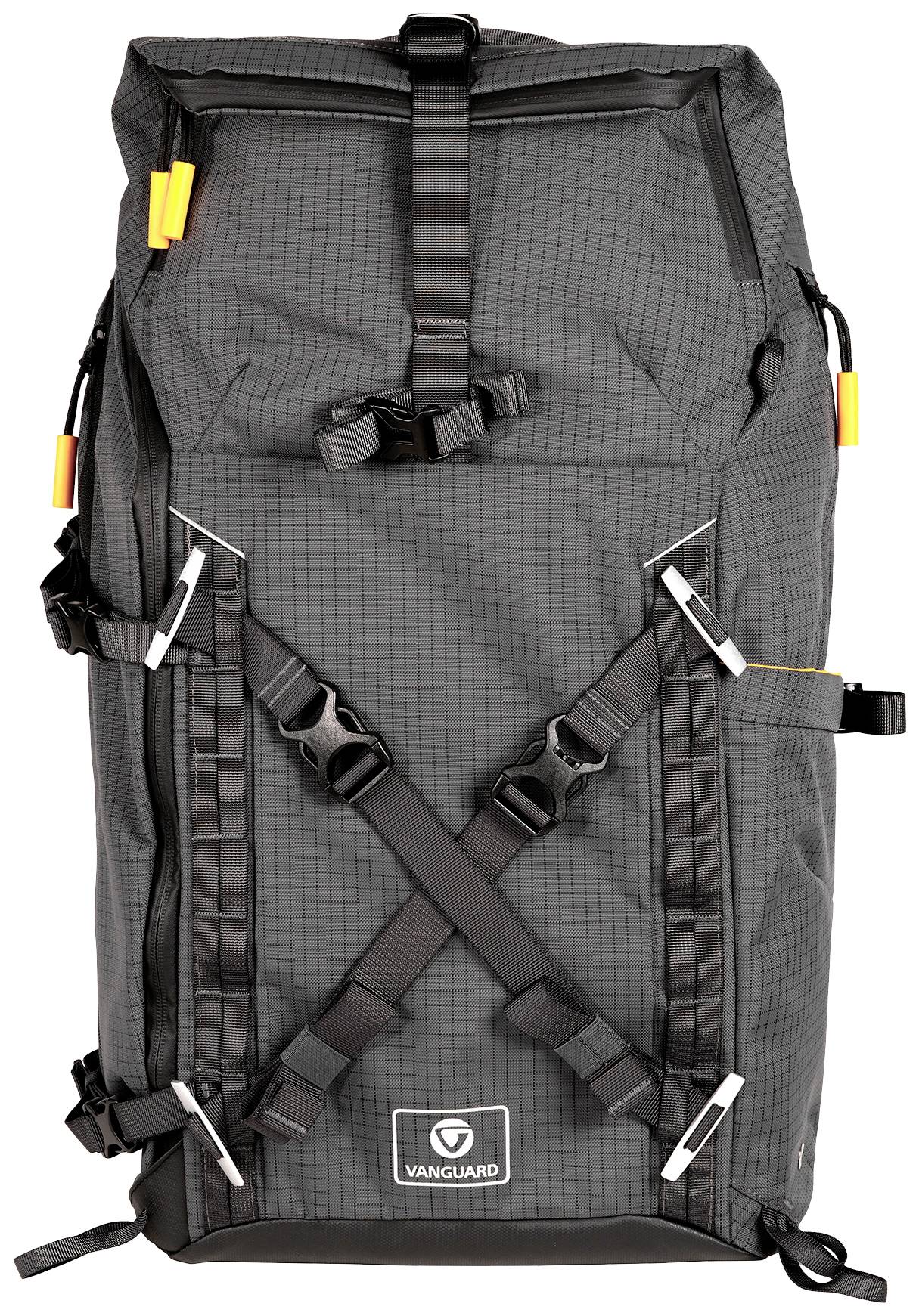 A black hiking rucksack with yellow and orange accents. Numerous straps and buckles offer versatile attachment options.