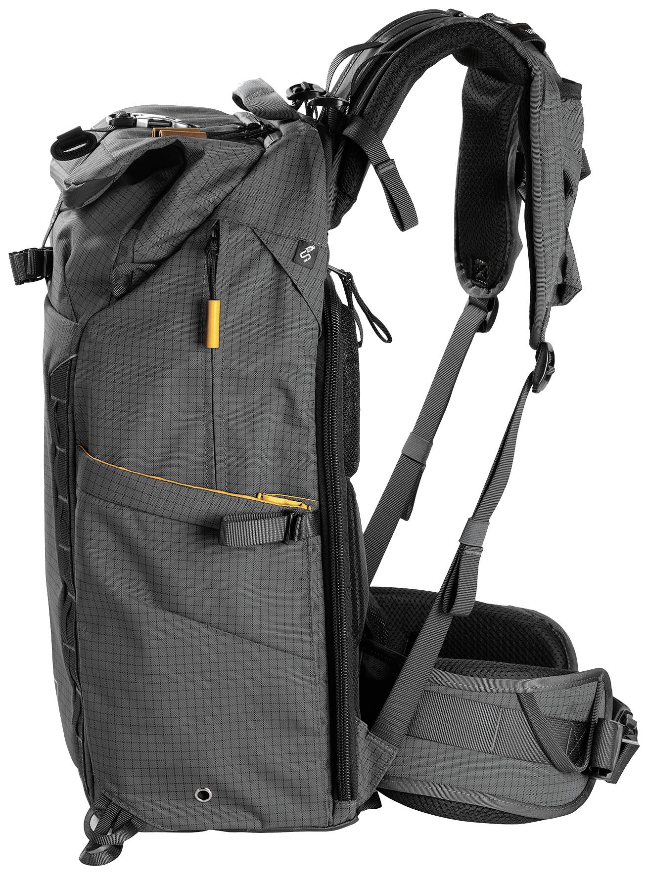 Grey hiking rucksack with padded shoulder straps, side zip pocket, and adjustable hip belt. Perfect for outdoor activities.