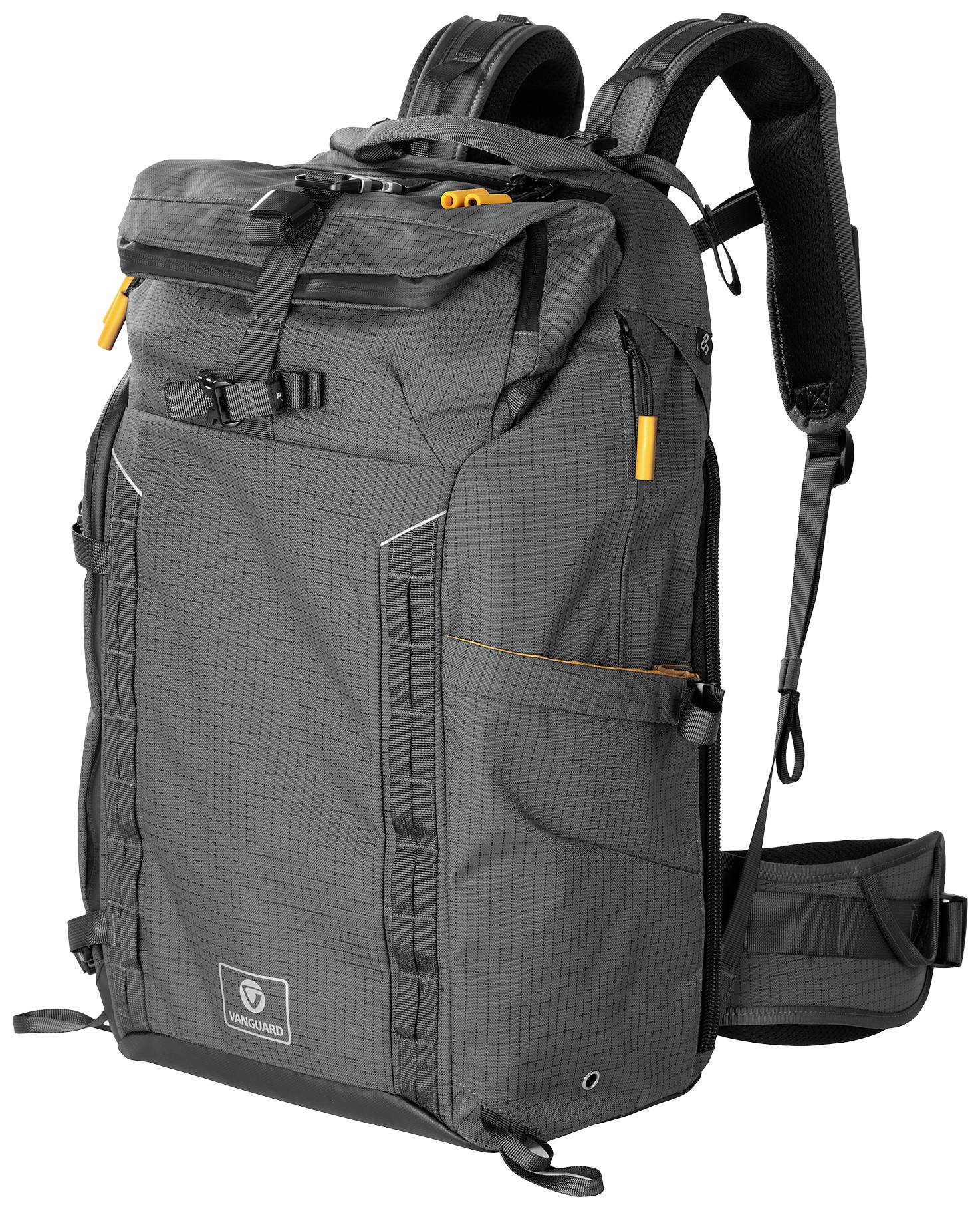 Grey outdoor backpack with multiple pockets and adjustable straps, ideal for hiking or travelling.