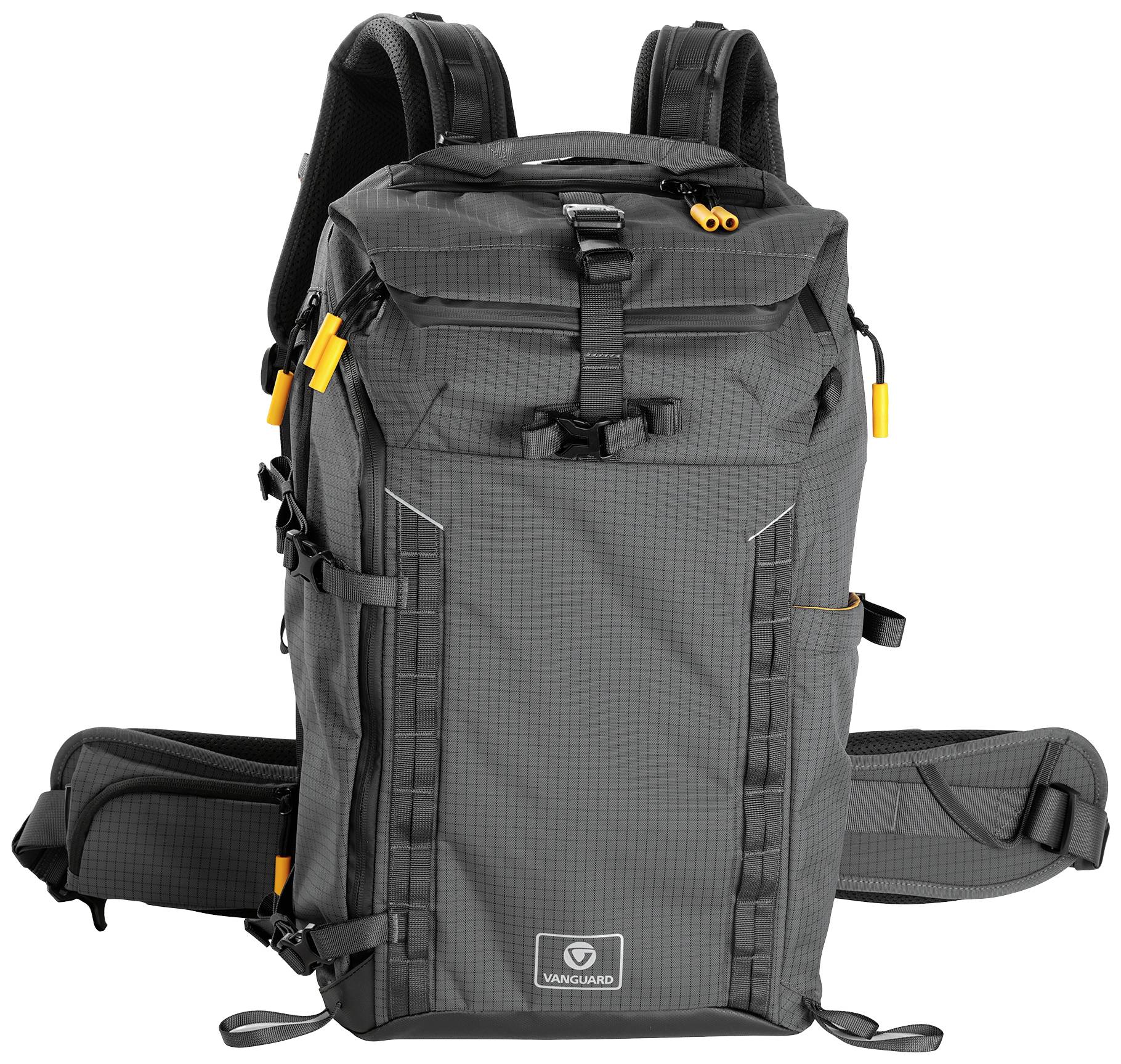 A grey, robust rucksack with multiple pockets, straps and orange accents, suitable for outdoor activities or photography.
