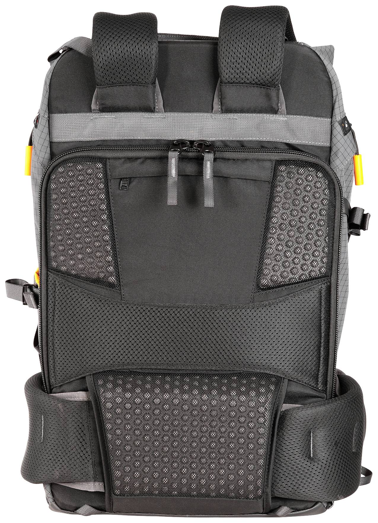 A grey-black rucksack with padded shoulder straps and multiple zip pockets for versatile storage.