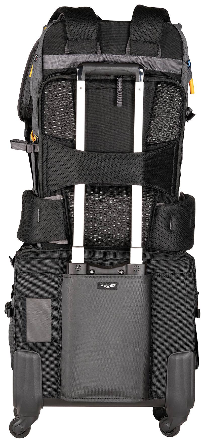 A trolley backpack with extendable handle, black, showing back view with wheels and adjustable straps, suitable for travelling.