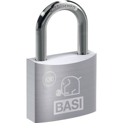 Silver padlock with a hardened shackle, marked '630' and 'BASI' on the front.<br>