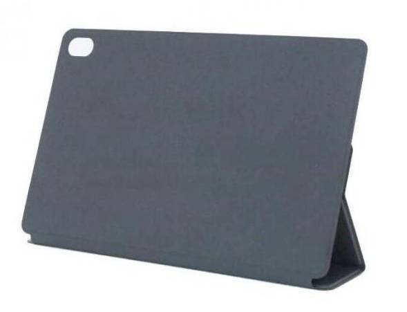 A dark grey tablet case in landscape orientation sits slightly angled on a surface.